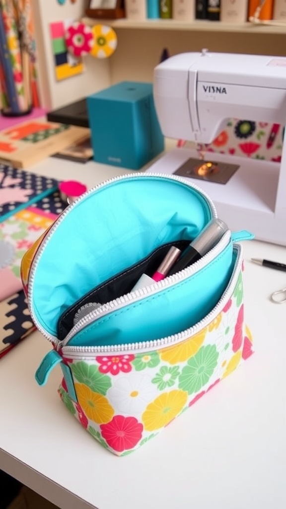 A clam shell zipper pouch with colorful fabric and zipper, open to display organized contents, on a sewing desk.